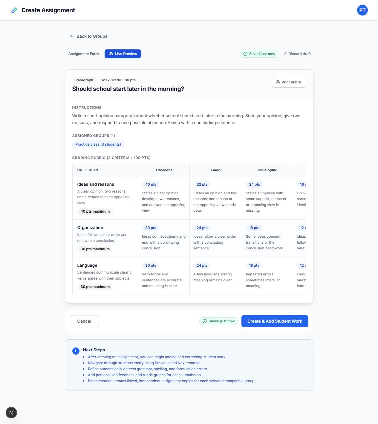 Live Preview showing the school-start-time task, Practice class, and a three-criterion rubric