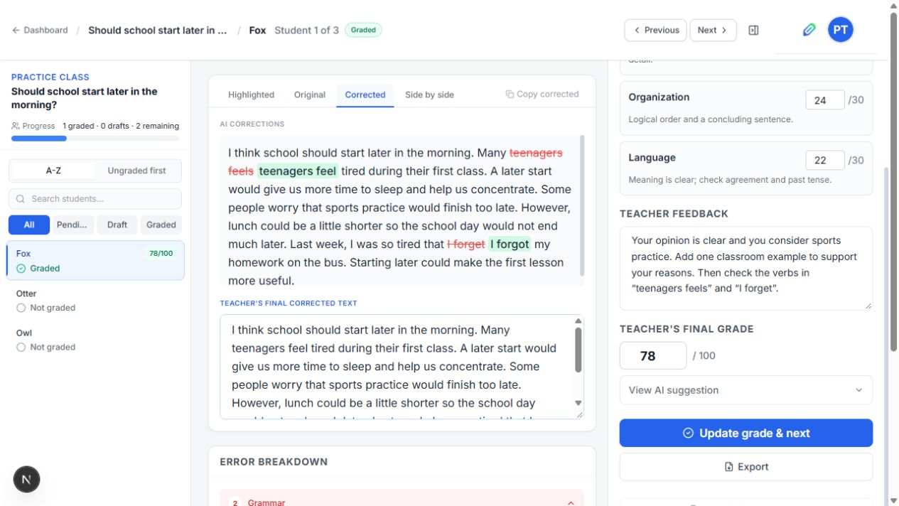 Corrected tab with AI Corrections and the editable Teacher’s Final Corrected Text box