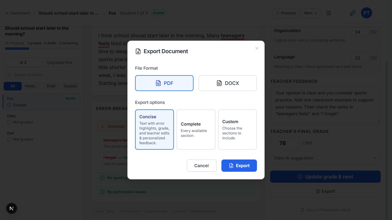 Export Document with PDF and Concise selected, and the Export button below