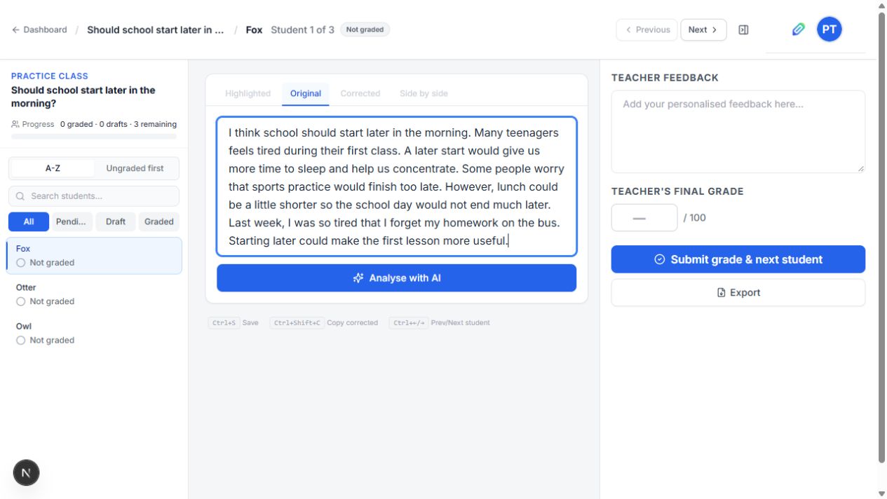 Fox selected in the student list with the practice paragraph in Original and Analyse with AI below