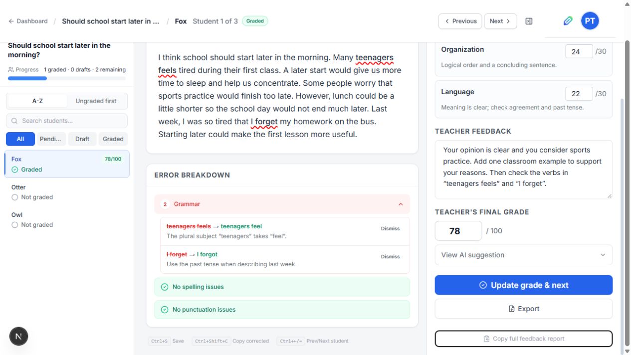 Highlighted paragraph and expanded Grammar explanations with Dismiss buttons